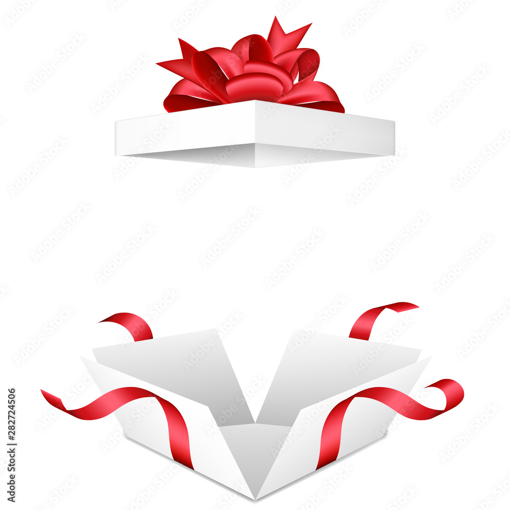 Realistic open white box with red bow and ribbon, blank box template with separate lid, isolated on white background. Realistic open white box with red bow and ribbon, blank box template with separate lid, isolated on white background.