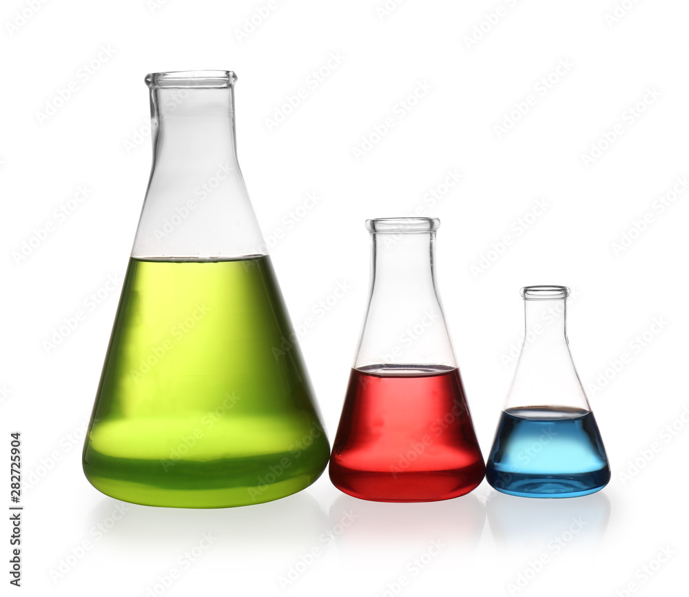 Erlenmeyer flasks with color liquids isolated on white. Solution chemistry Erlenmeyer flasks with color liquids isolated on white. Solution chemistry