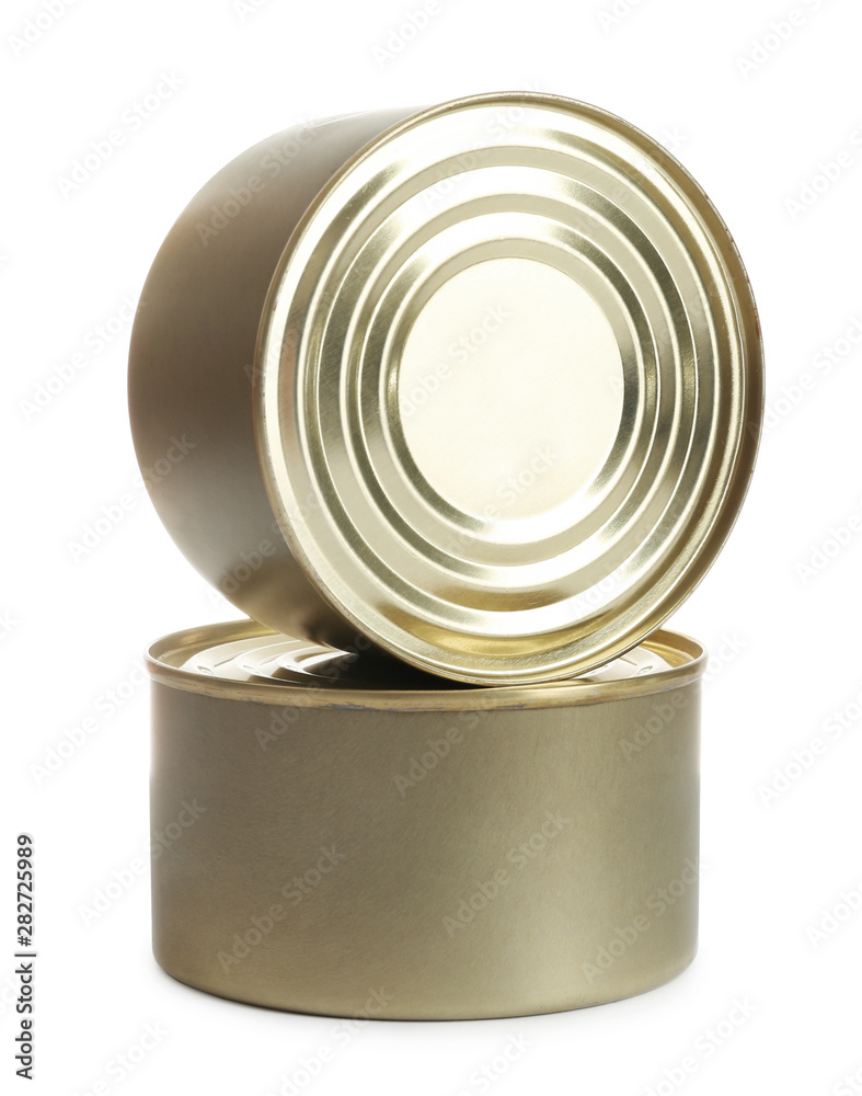 Closed tin cans isolated on white, mockup for design Closed tin cans isolated on white, mockup for design