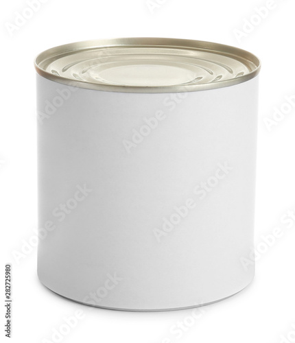 Closed tin can isolated on white, mockup for design