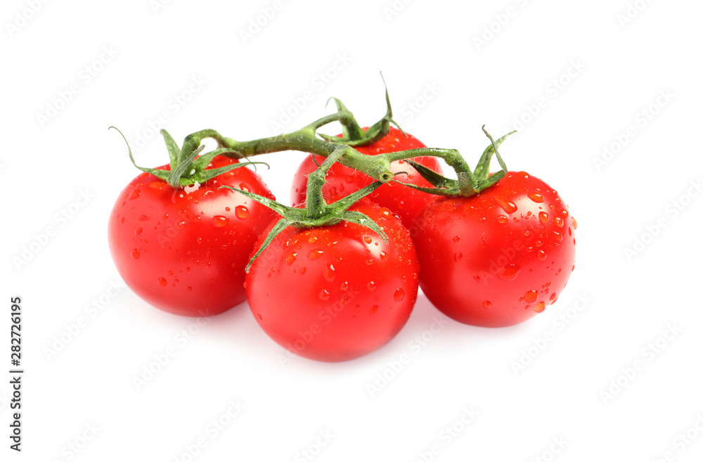 Branch of fresh cherry tomatoes isolated on white Branch of fresh cherry tomatoes isolated on white