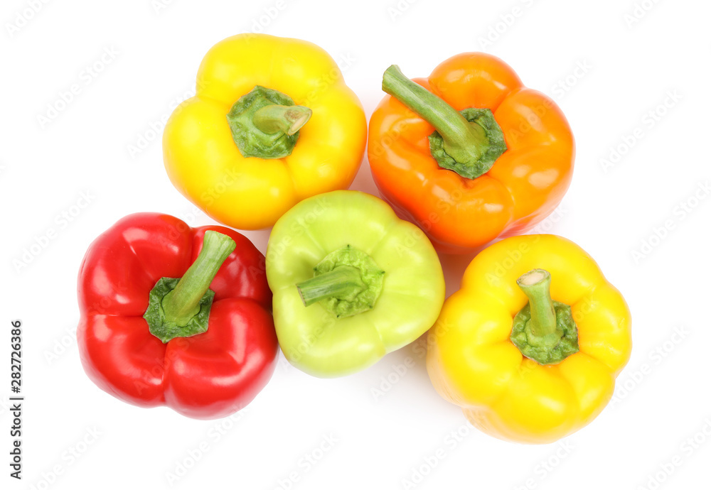 Fresh ripe bell peppers on white background, top view Fresh ripe bell peppers on white background, top view