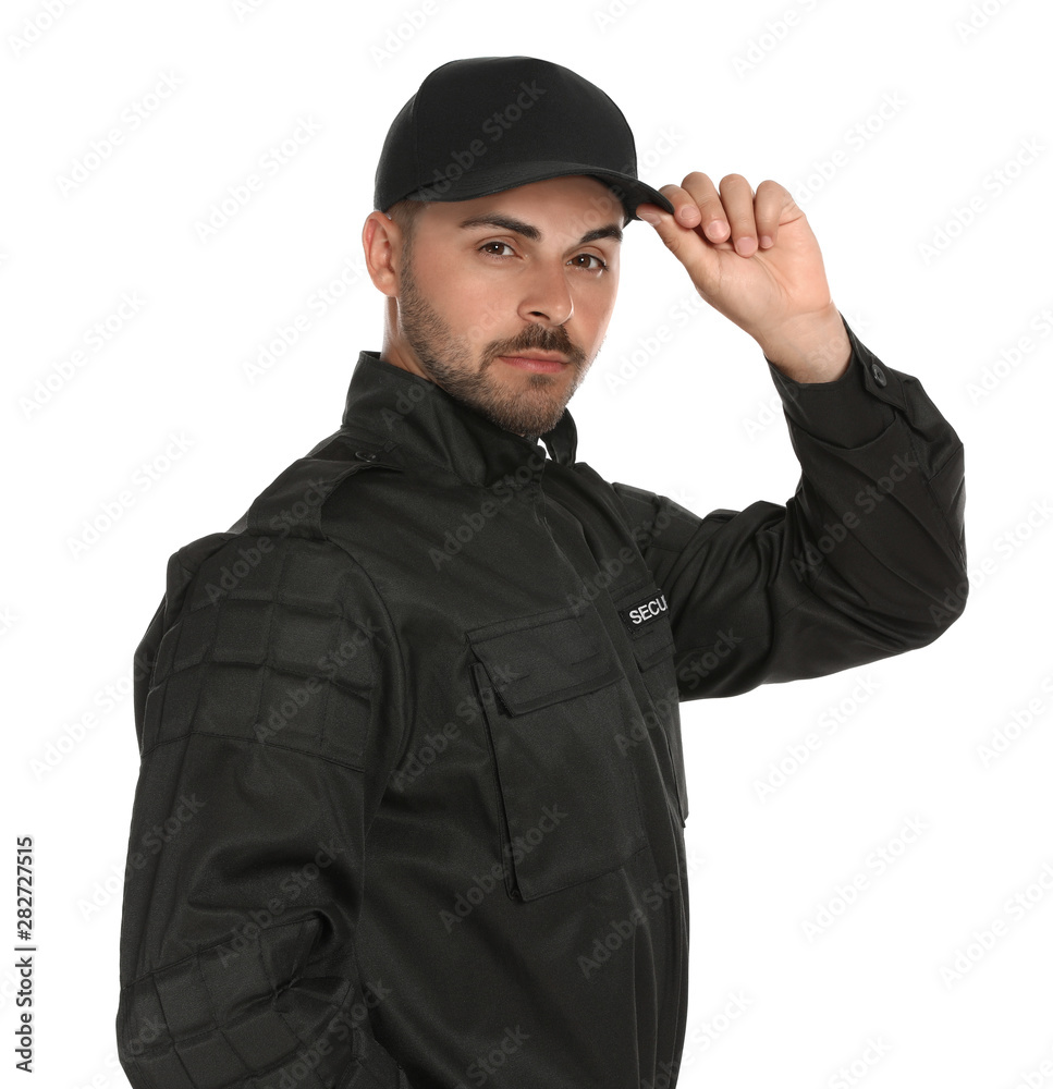 Male security guard in uniform on white background Male security guard in uniform on white background