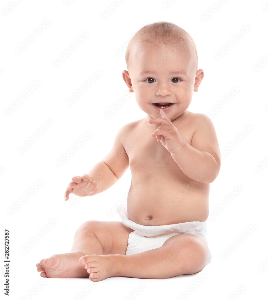 Cute little baby sitting on white background