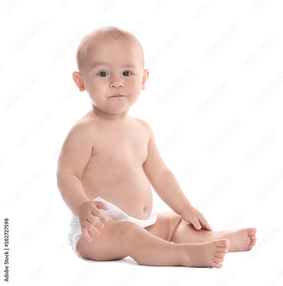 Cute little baby sitting on white background Cute little baby sitting on white background