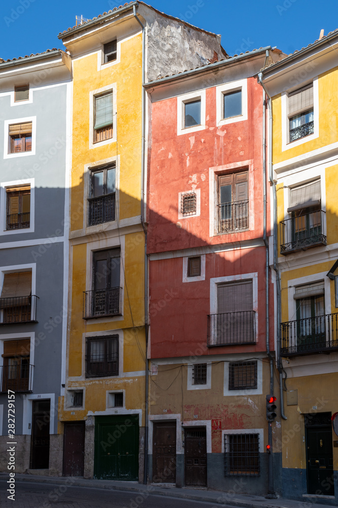 View of a street with colorful houses in the historic center of Cuenca, Spain, Europe
