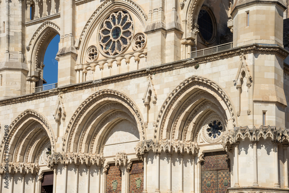 Panoramic of the medieval arches and rose window of the Cathedral of Cuenca, Spain, Europe