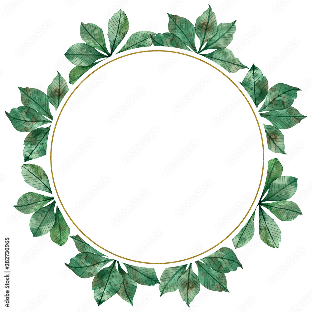 Fototapeta premium Autumn season watercolor circular frame: colorful green leaves, maple tree branches isolated on white background.