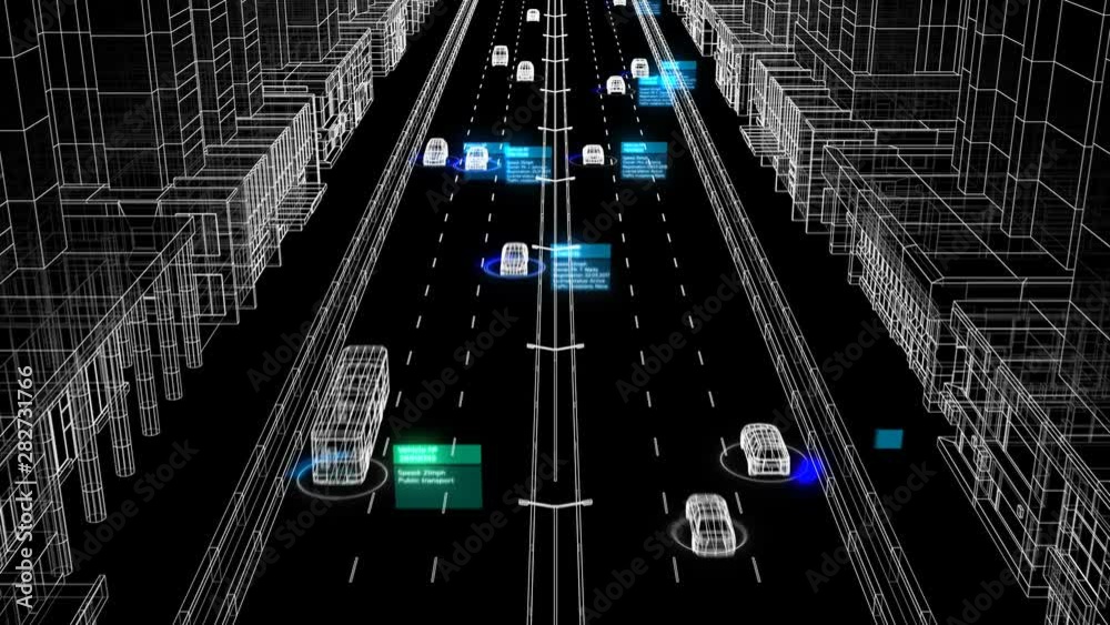 Identification Surveillance Abstract System Working Process Illustration on City Street Seamless. Looped 3d Animation of Control System Analyzing Cars and Drivers on Road 4k Ultra HD 3840x2160.