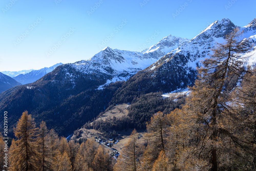 Panorama of snow-capped mountains in Val d'Ayas, Valle D'Aosta
