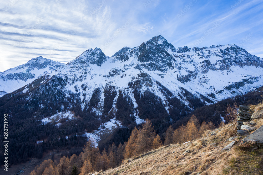 Panorama of snow-capped mountains in Val d'Ayas, Valle D'Aosta