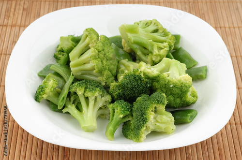 Closeup photo of plate with broccoli and beans