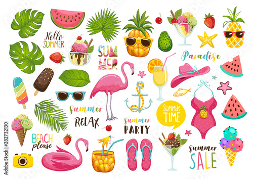 Summer set with hand drawn travel elements. Ice cream, watermelon, leaves, hat, sandals, pineapple, bag, calligraphy and other. Vector illustration