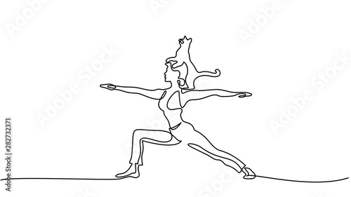 One line drawing. Woman doing yoga with cat