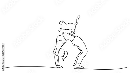 One line drawing. Woman doing yoga with cat