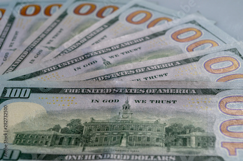 Macro photo of one hundred dollars. Reverse side of American 100 dollars.