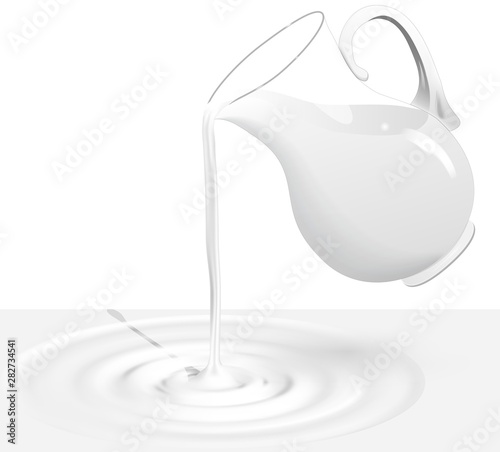 Cartoon Rustic milk jug. Pitcher silhouette and Ripples on milk isolated on transparent background. Template design concept. Yogurt splash background.