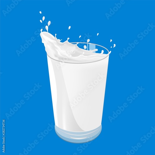 Glass of milk with a splash of white liquid. Single object isolated on a blue background.