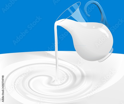Milk from a jug is poured into milk whirlpool of white liquid. Realistic natural products.
