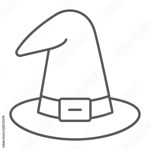 Witch hat thin line icon, cap and magic, wizard hat sign, vector graphics, a linear pattern on a white background.