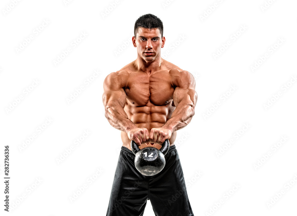 Fototapeta premium Strong Muscular Men Exercise With Kettlebell
