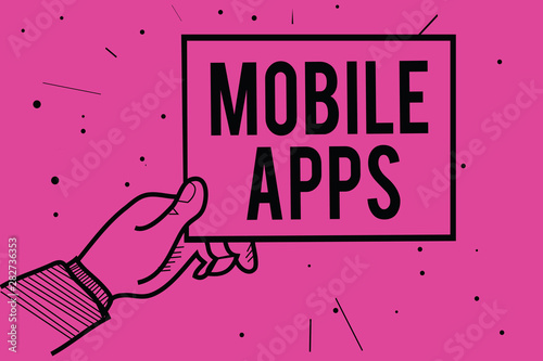 Conceptual hand writing showing Mobile Apps. Business photo showcasing small programs are made to work on phones like mobilephone or mobile Man hand holding paper information dotted purple background