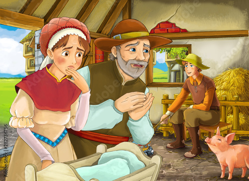 Cartoon scene with two farmers ranchers and woman wife or disguised prince and older farmer in the barn pigsty illustration for children