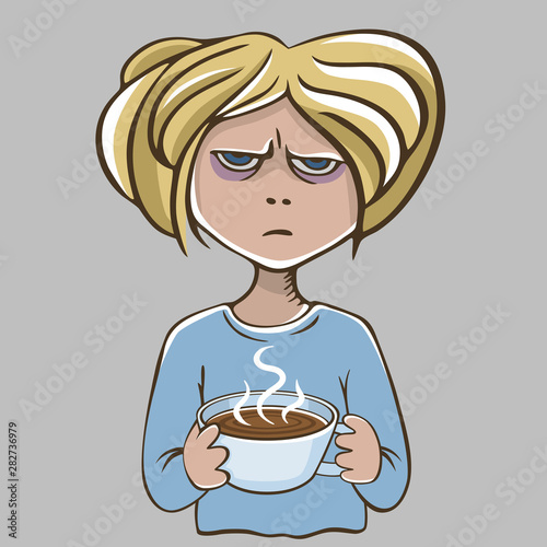 Angry girl with coffee. Isolated on grey background. Unhappy character.