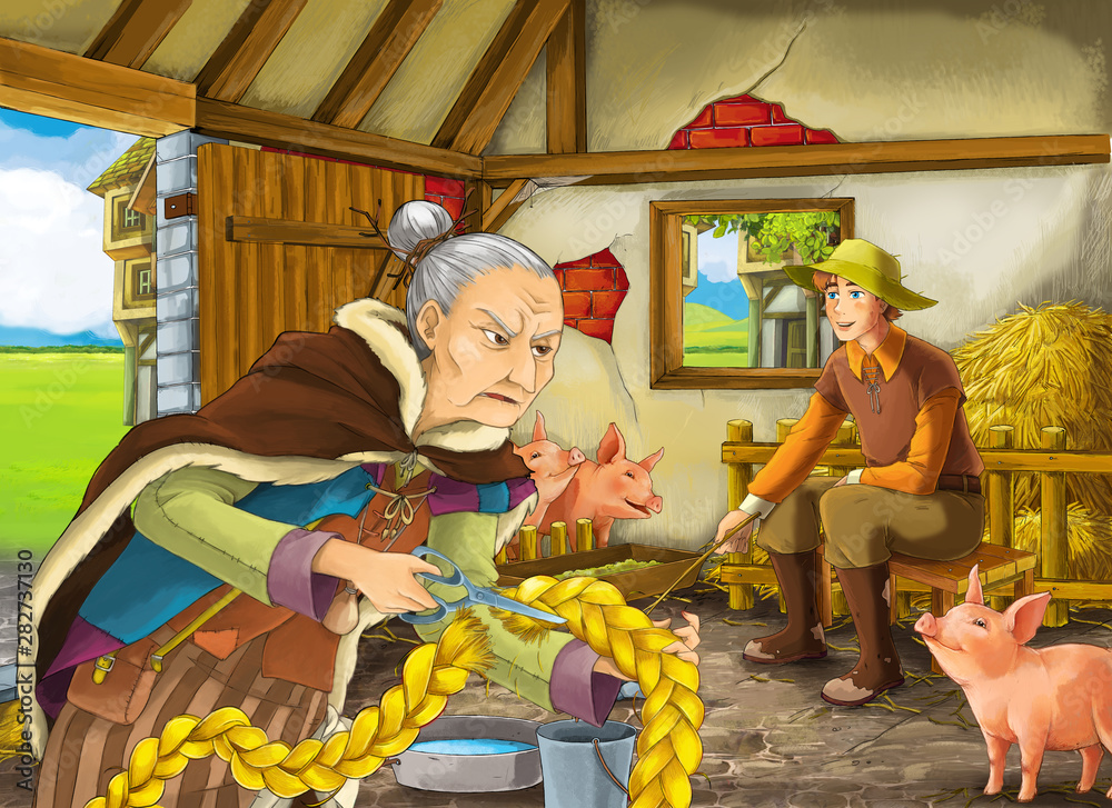 Cartoon scene with farmer rancher or disguised prince and older woman witch sorceress in the barn pigsty illustration for children