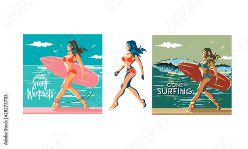 surfing girl walking in the beach looking at the waves keep the surf, surfer girl goes to catch waves on the beach