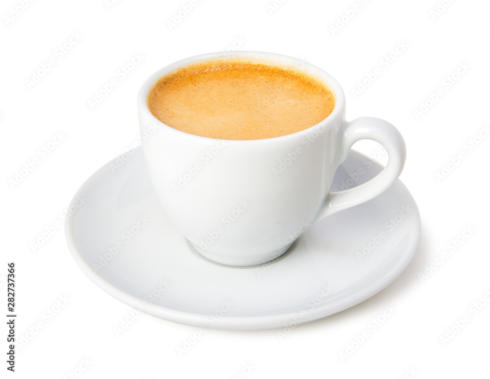Espresso coffee in a white cup and saucer isolated on white background Espresso coffee in a white cup and saucer isolated on white background