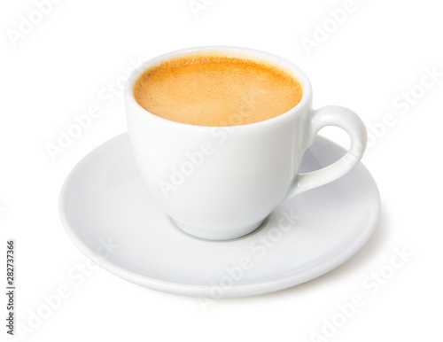  Espresso coffee in a white cup and saucer isolated on white background