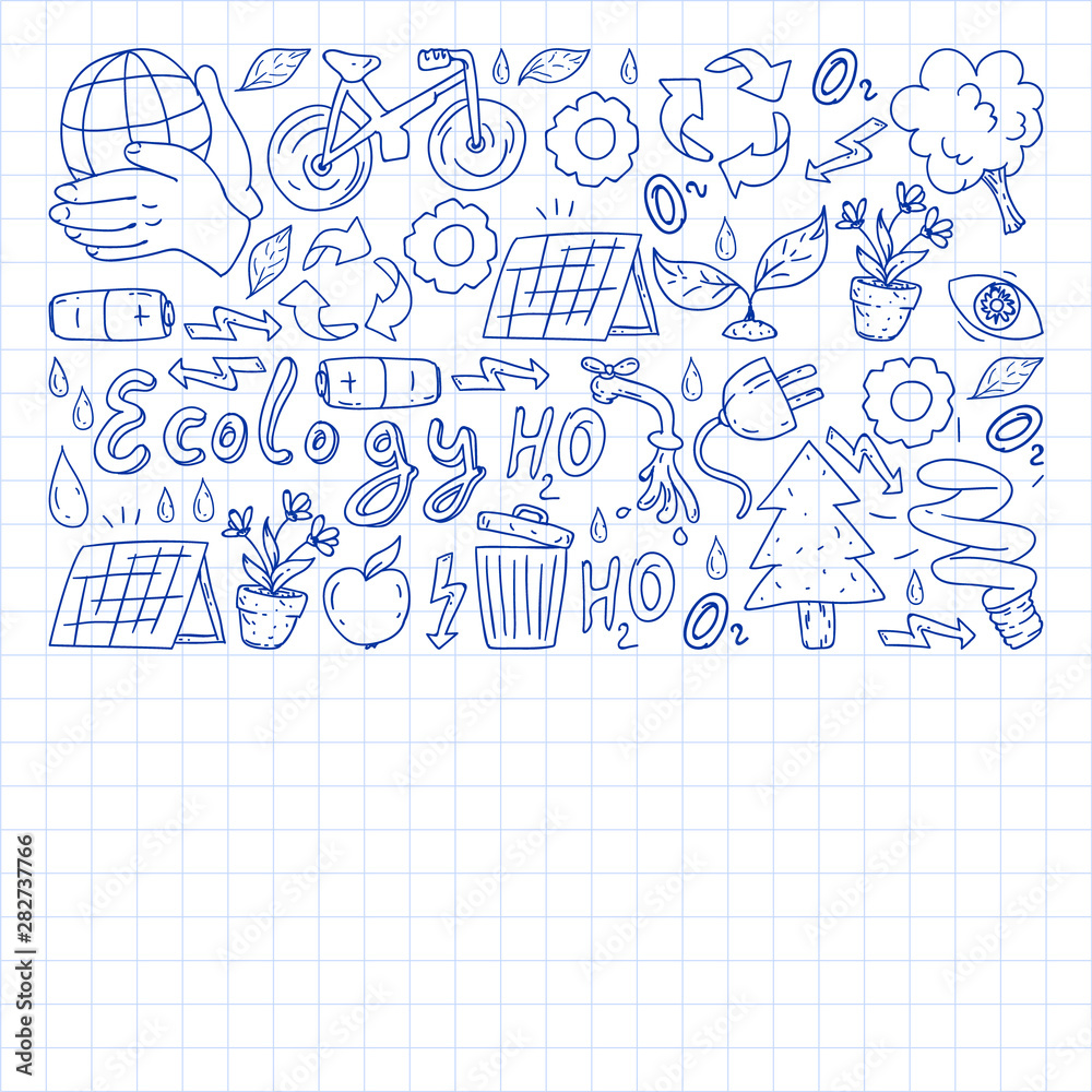 Vector logo, design and badge in trendy drawing style - zero waste concept, recycle and reuse, reduce - ecological lifestyle and sustainable developments icons. pen drawing on checkered paper.