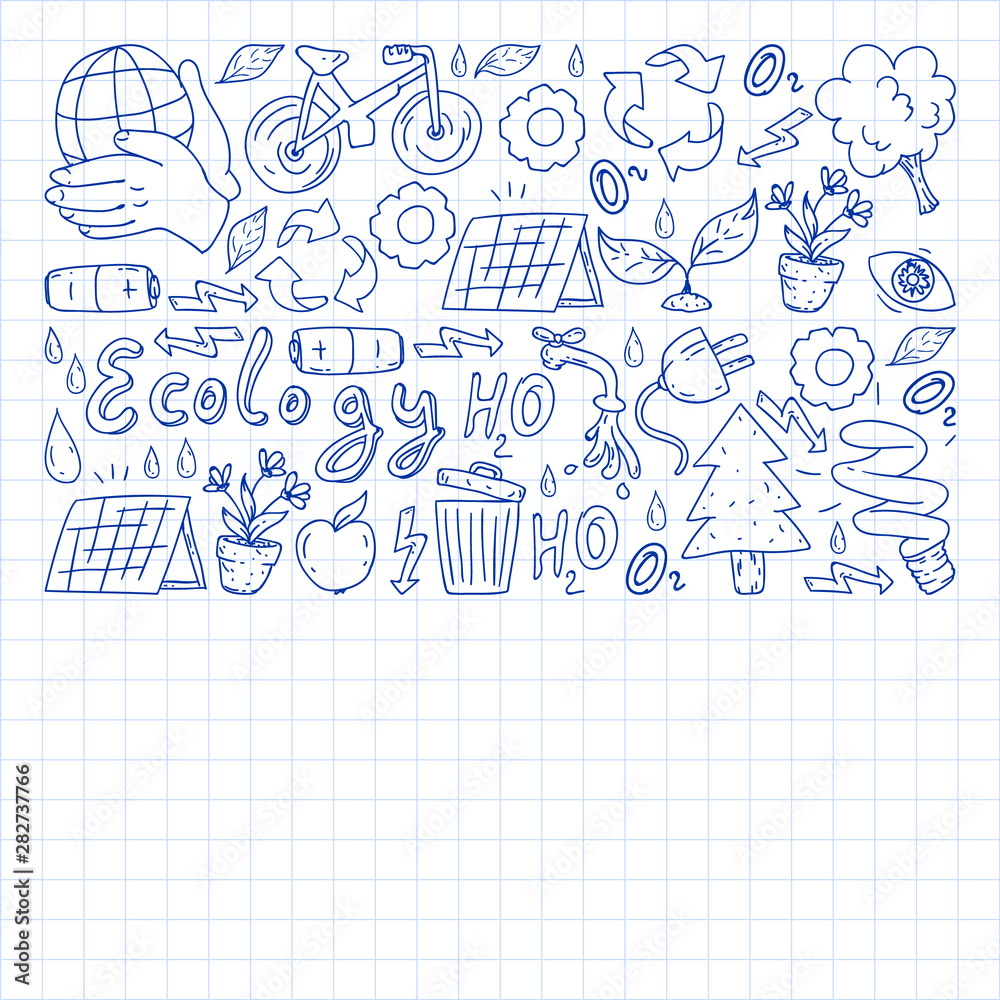 Vector logo, design and badge in trendy drawing style - zero waste concept, recycle and reuse, reduce - ecological lifestyle and sustainable developments icons. pen drawing on checkered paper. Vector logo, design and badge in trendy drawing style - zero waste concept, recycle and reuse, reduce - ecological lifestyle and sustainable developments icons. pen drawing on checkered paper.