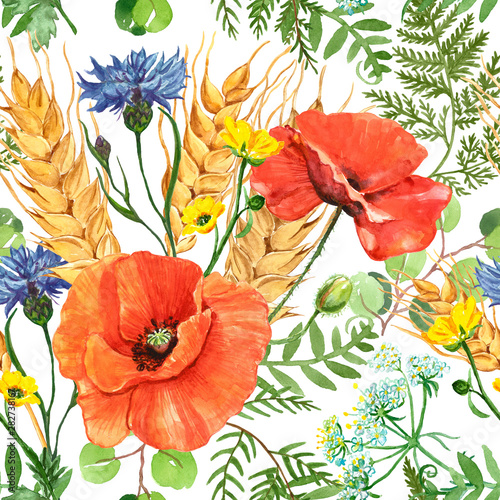 Watercolor red poppy and wheat in a meadow seamless pattern on white backgrou...