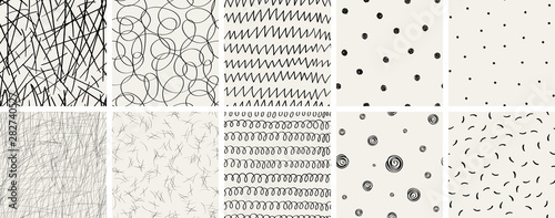 Set of seamless abstract hand-drawn patterns. Vector modern creative backgrounds for your design