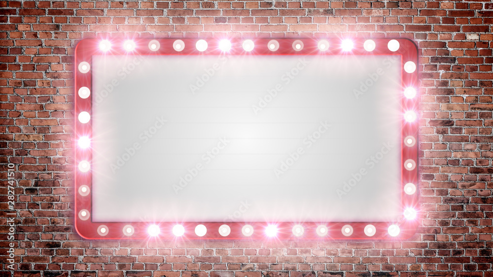A blank marquee sign on a red brick wall with flashing lights. Stock Photo  | Adobe Stock
