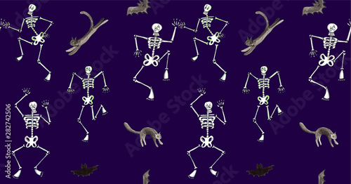 Halloween seamless pattern. Funny skeleton dancing with cats and bats. Watercolor hand drawn illustration on violet background. For card, invitations, package, textile and holiday design.