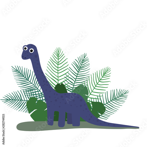 Cute, cartoon dinosaur brachiosaurus on the background of bushes of tropical palm leaves. Vector illustration