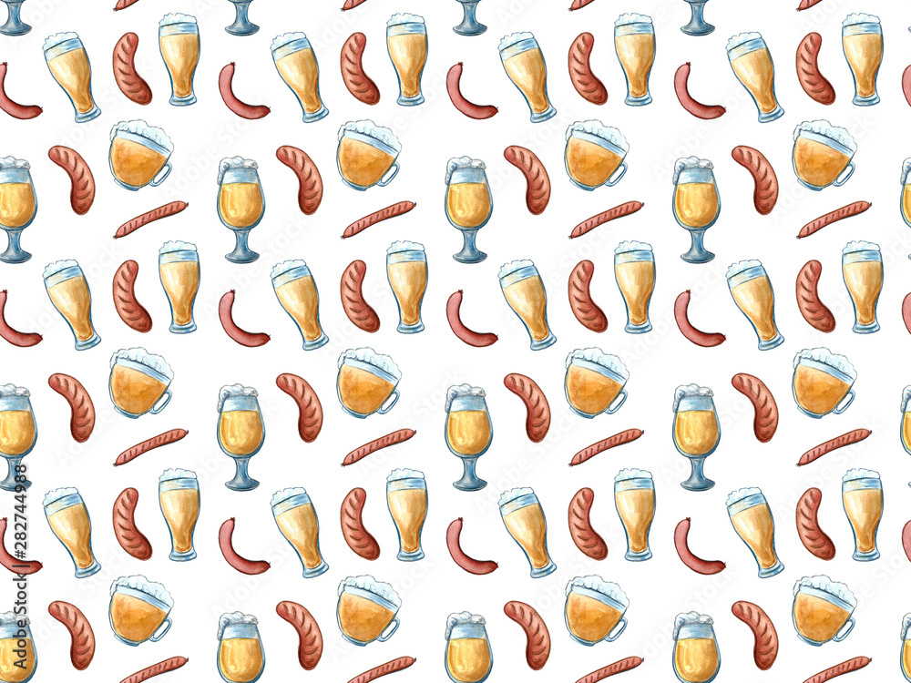 Beer icons seamless pattern hop branch, wooden barrel, glass of beer, beer can, bottle cap, beer mug, barley . Oktoberfest background. Beer icons seamless pattern hop branch, wooden barrel, glass of beer, beer can, bottle cap, beer mug, barley . Oktoberfest background.