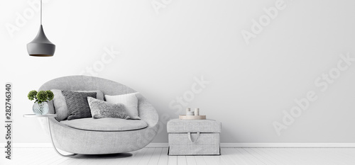 Home interior with gray sofa and white wall mock up, Scandinavian style, 3d render photo