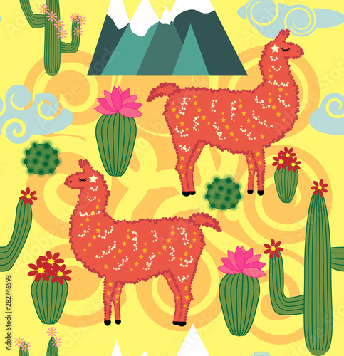 Illustration of seamless pattern with cute cartoon llama alpaca with cactus and design elements on pink background in flat cartoon style.