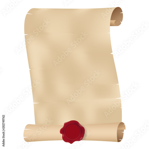 Ancient parchment scroll with wax seal isolated on white background. Vector illustration.
