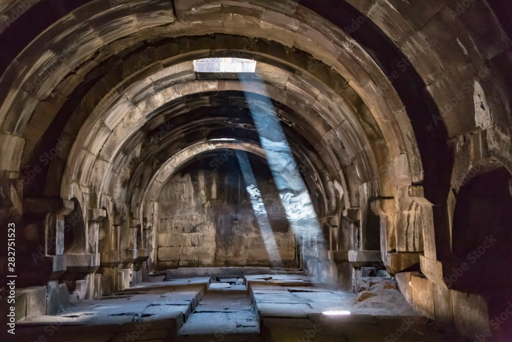Smoke makes the light shafts visible in the Selim Caravanserai waypoint in Armenia along the Silk Road, built in 1332 AD