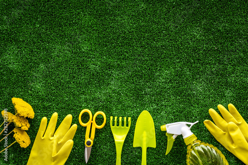 Equipment for growing plants in garden on green grass background top view space for text
