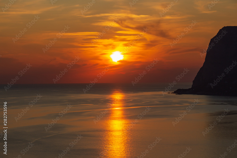 Orange sunset sea horizon view at sunset