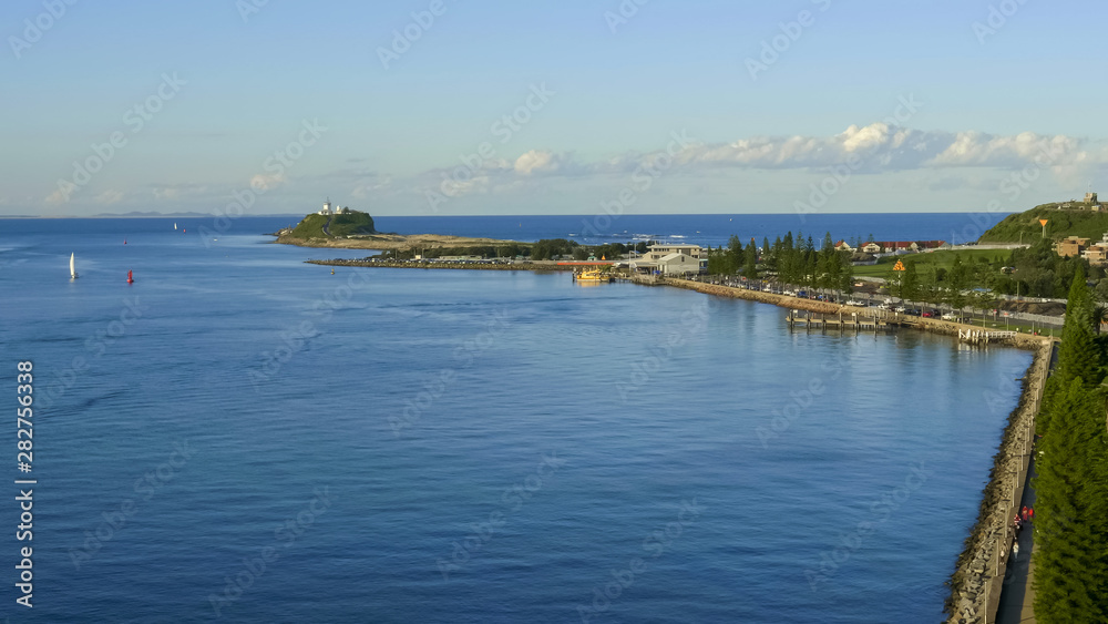 wide view of nobbys head from queens wharf tower in newcastle, australia