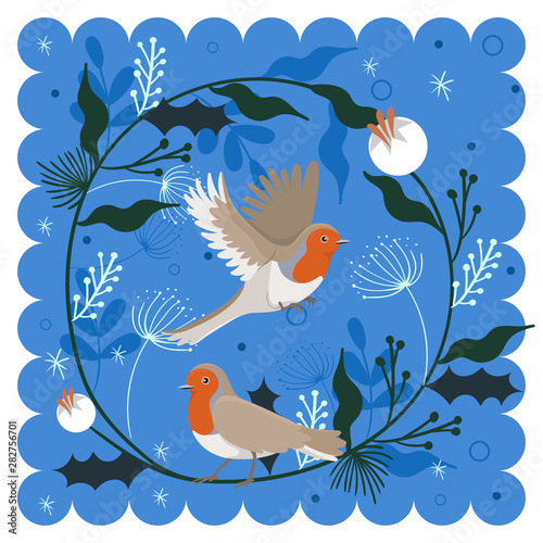 Greeting card of robin birds with plants elements. Vector graphics.