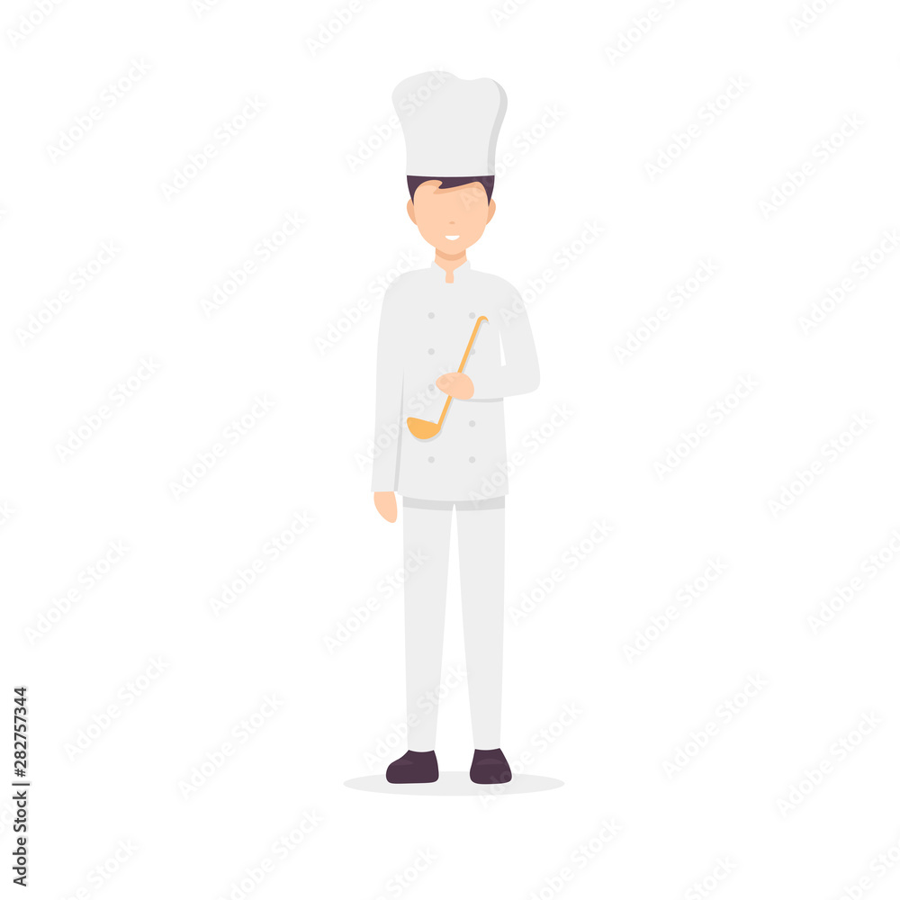 Restaurant staff character cook man holds a ladle. Flat vector illustration isolated on white background. Restaurant staff character cook man holds a ladle. Flat vector illustration isolated on white background.