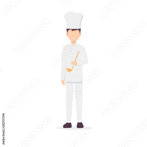 Restaurant staff character cook man holds a ladle. Flat vector illustration isolated on white background.